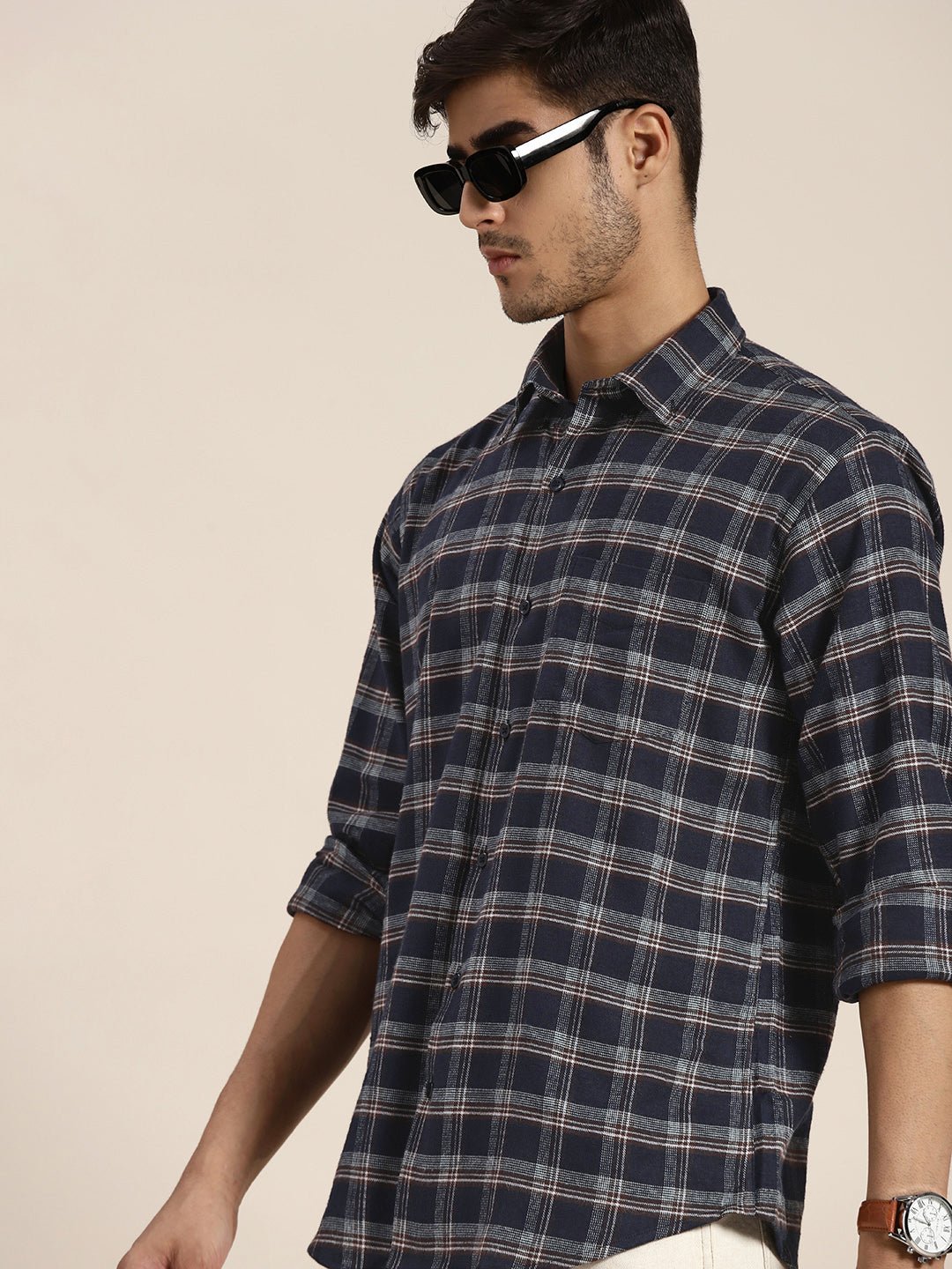 Men Navy Checked Pure Cotton Slim Fit Casual Shirt - #folk republic#
