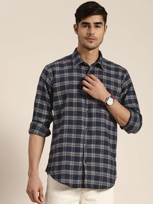 Men Navy Checked Pure Cotton Slim Fit Casual Shirt - #folk republic#