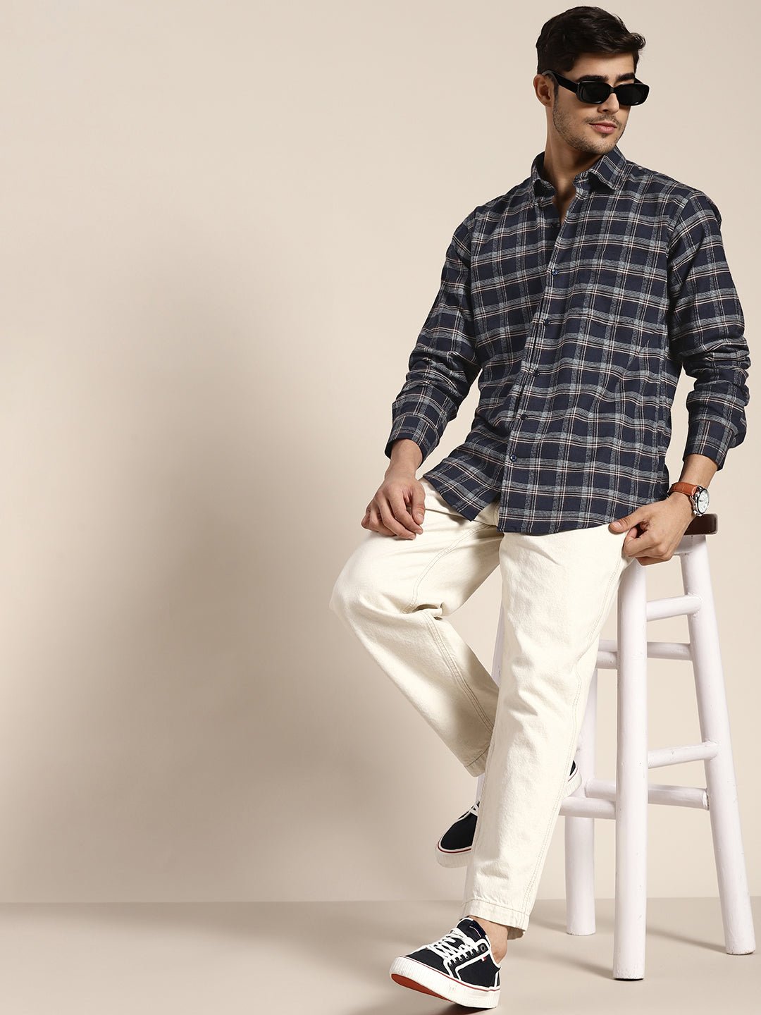 Men Navy Checked Pure Cotton Slim Fit Casual Shirt - #folk republic#