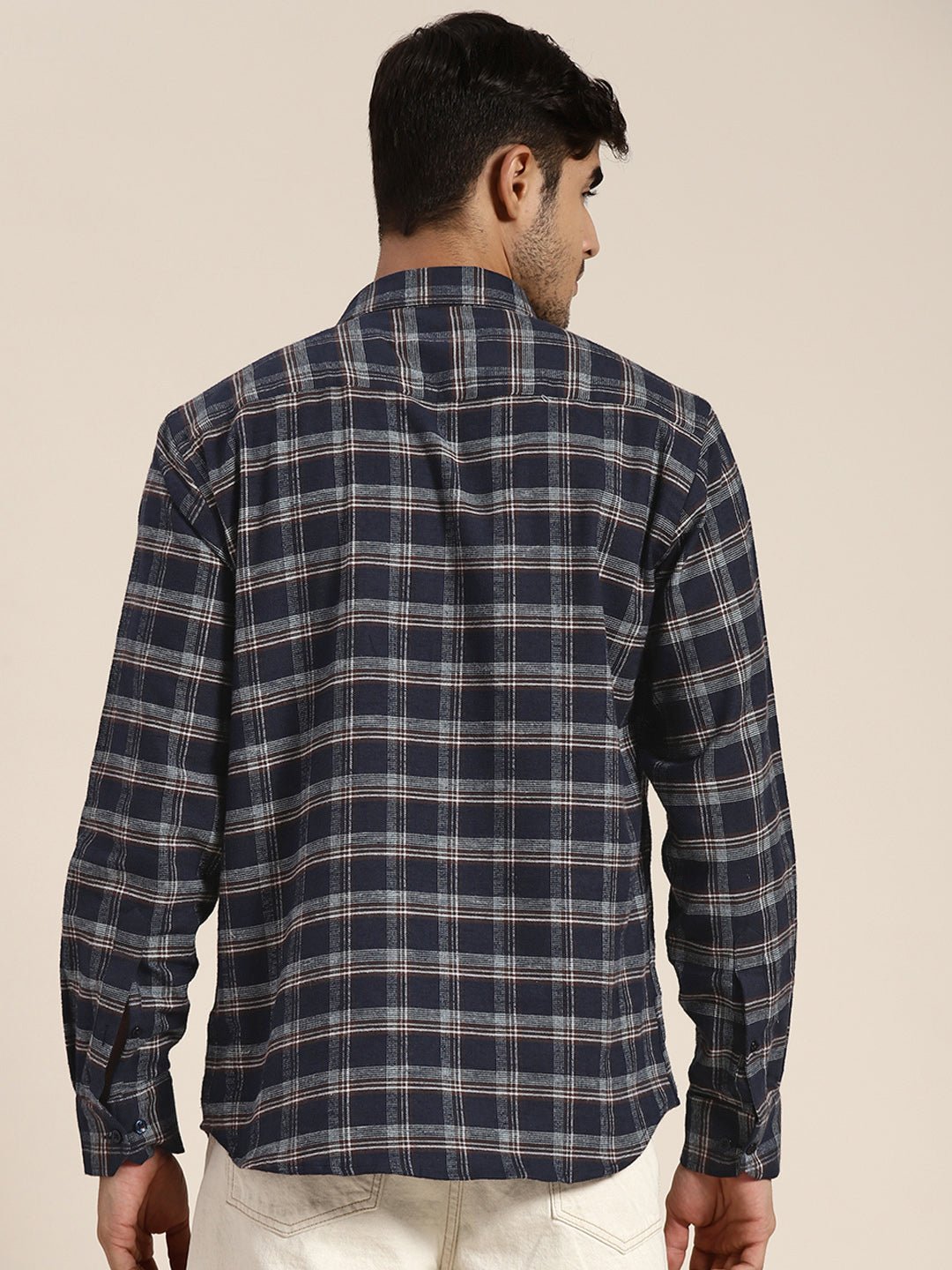 Men Navy Checked Pure Cotton Slim Fit Casual Shirt - #folk republic#