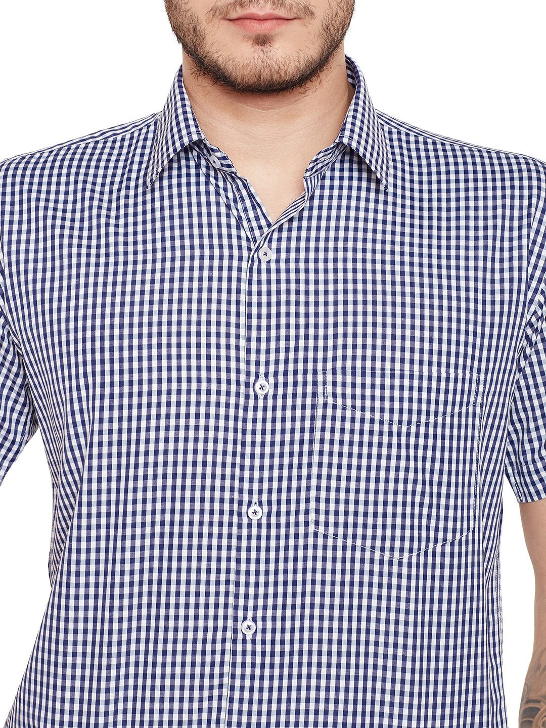 Men Navy Checked Slim Fit Formal Shirt - #folk republic#