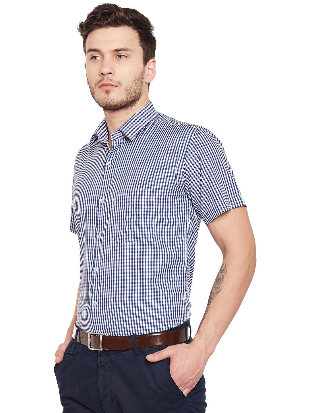 Men Navy Checked Slim Fit Formal Shirt - #folk republic#