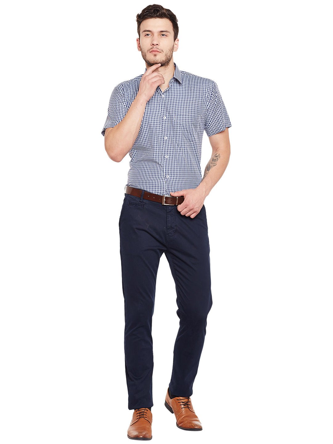 Men Navy Checked Slim Fit Formal Shirt - #folk republic#