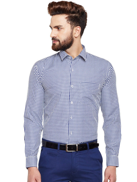 Men Navy Checked Slim Fit Formal Shirt - #folk republic#