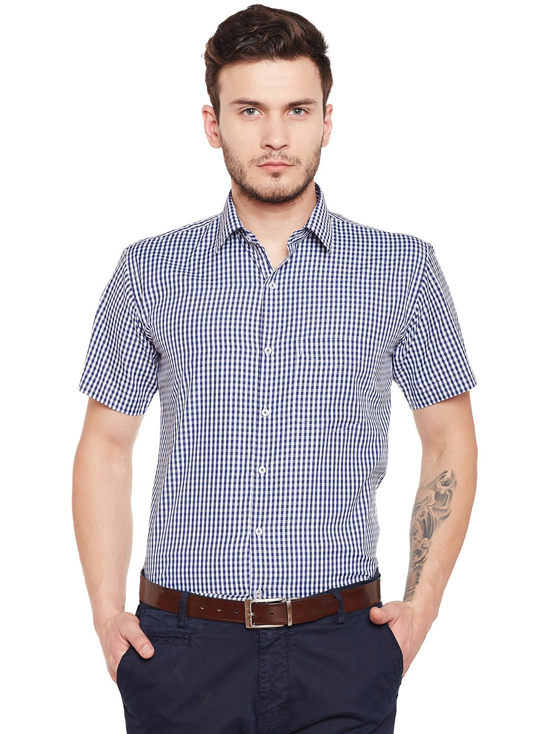 Men Navy Checked Slim Fit Formal Shirt - #folk republic#