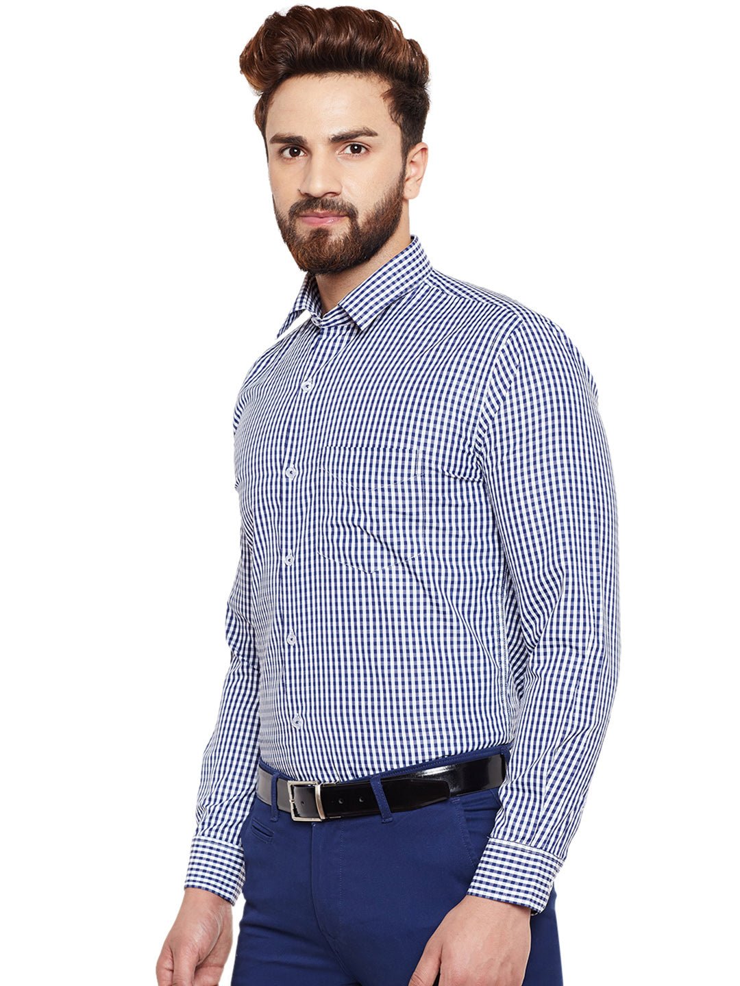 Men Navy Checked Slim Fit Formal Shirt - #folk republic#
