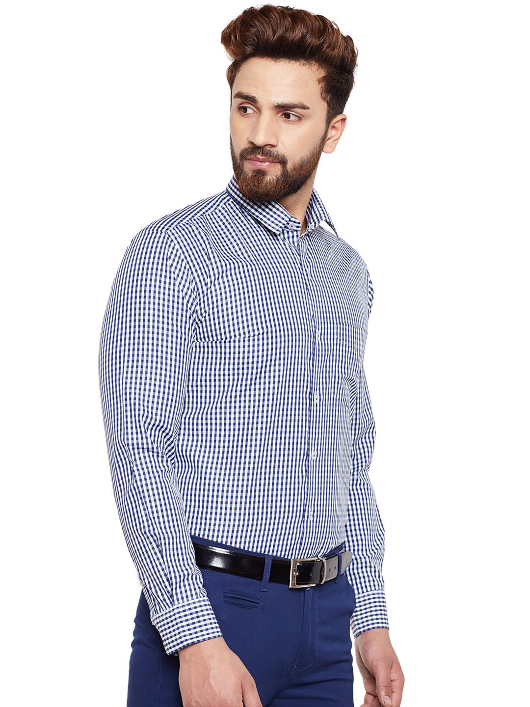 Men Navy Checked Slim Fit Formal Shirt - #folk republic#