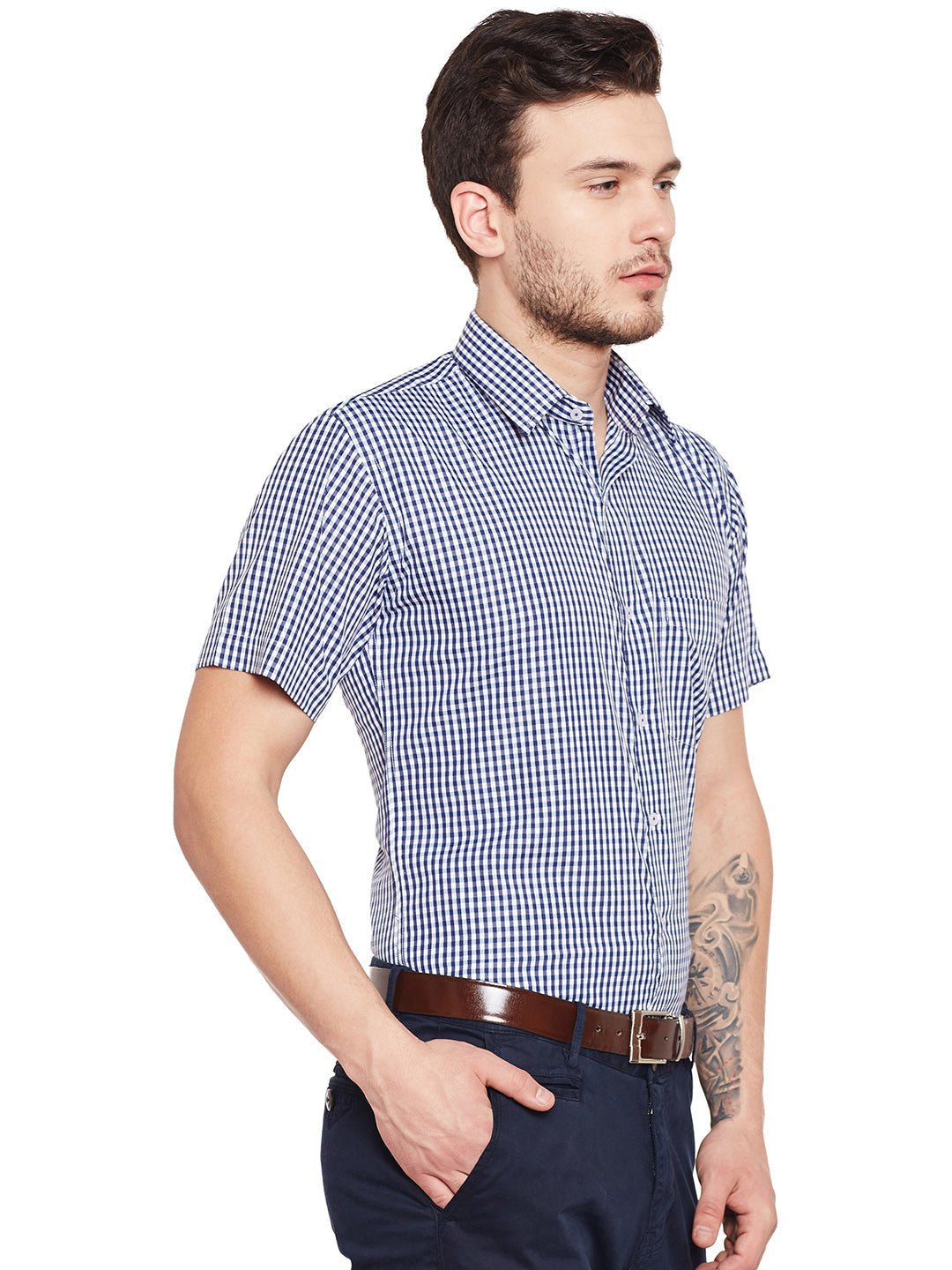 Men Navy Checked Slim Fit Formal Shirt - #folk republic#