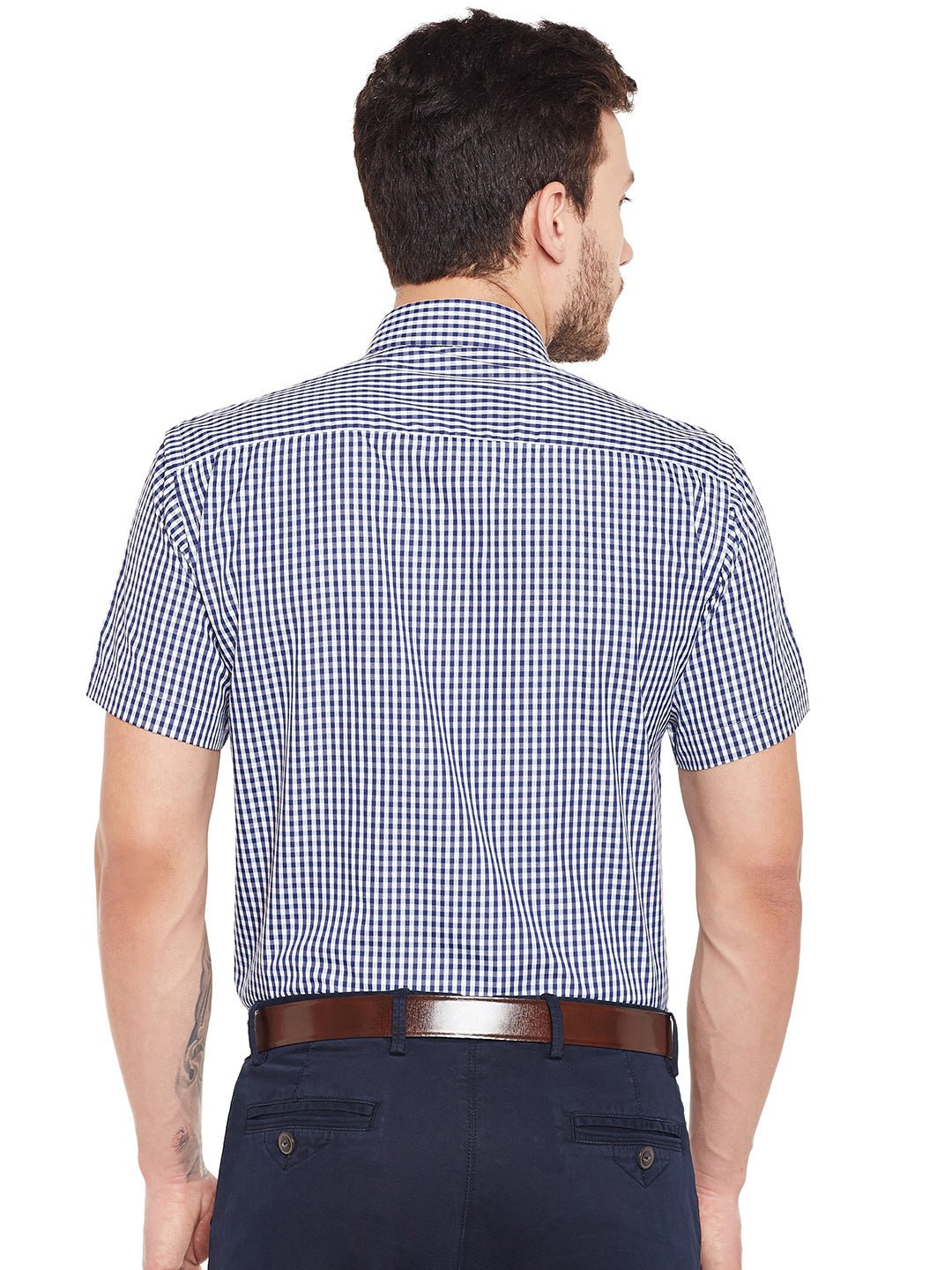 Men Navy Checked Slim Fit Formal Shirt - #folk republic#