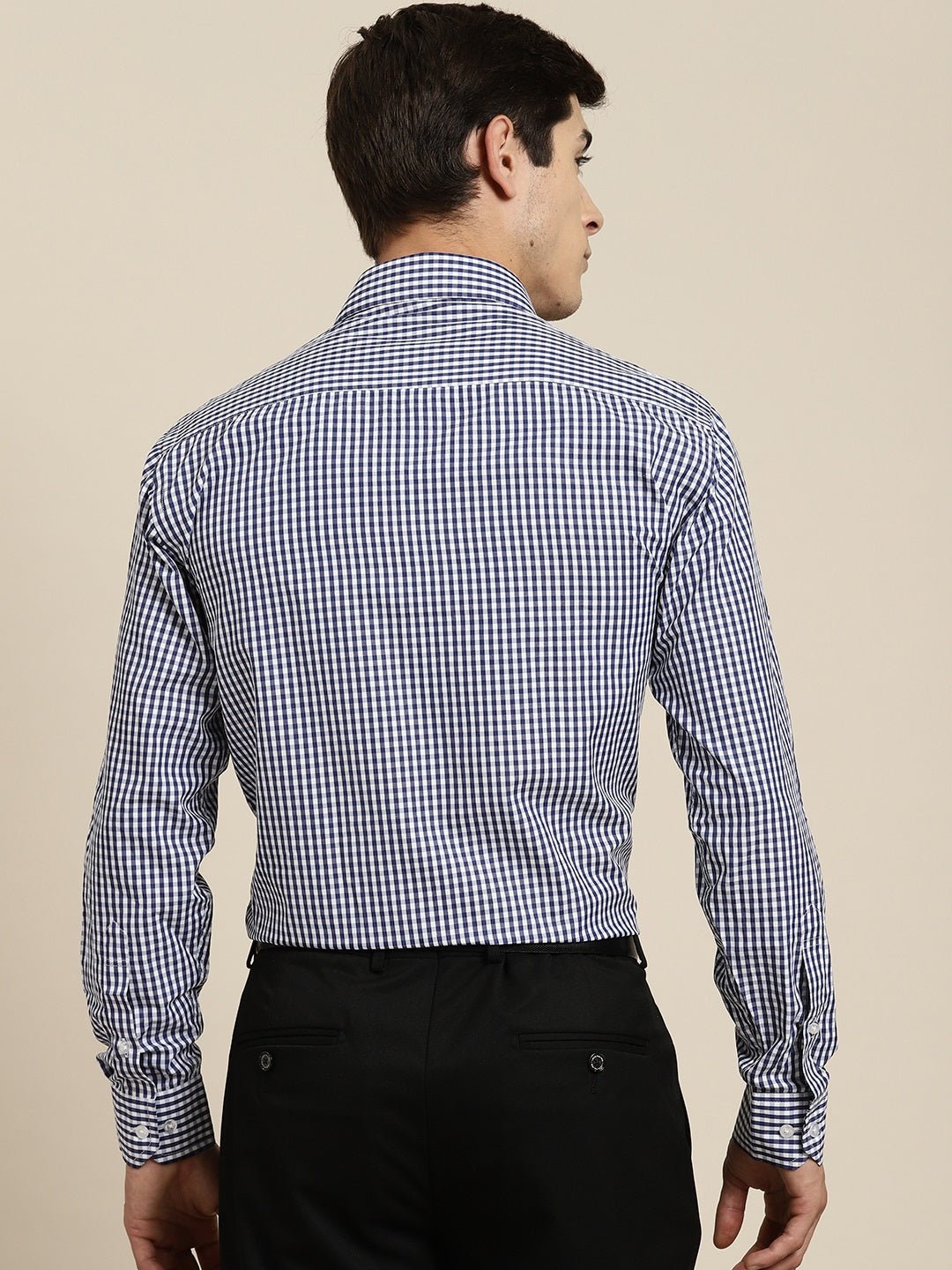 Men Navy Gingham Check Cotton Rich Slim fit Formal Shirt - #folk republic#
