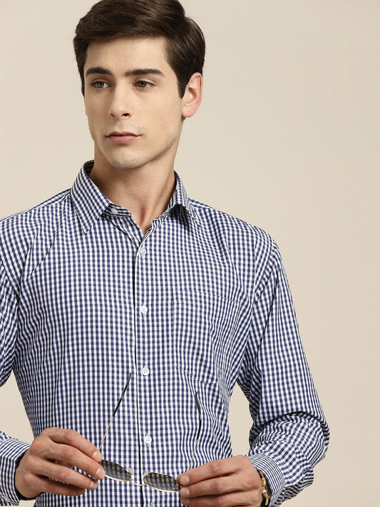 Men Navy Gingham Check Cotton Rich Slim fit Formal Shirt - #folk republic#