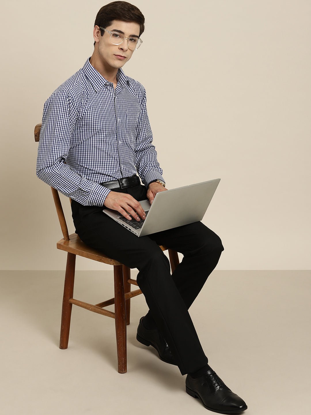 Men Navy Gingham Check Cotton Rich Slim fit Formal Shirt - #folk republic#