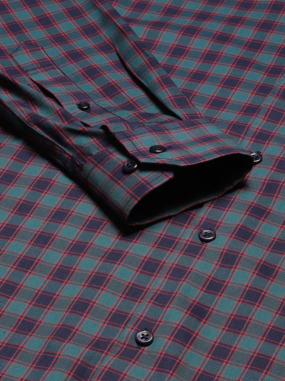 Men Navy & Green Checked Pure Cotton Slim Fit Formal Shirt - #folk republic#