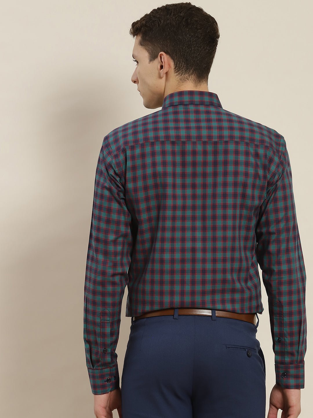 Men Navy & Green Checked Pure Cotton Slim Fit Formal Shirt - #folk republic#