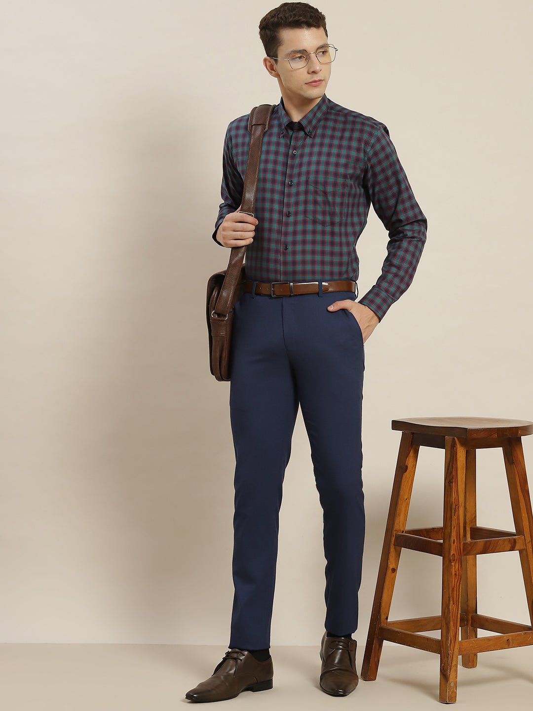 Men Navy & Green Checked Pure Cotton Slim Fit Formal Shirt - #folk republic#