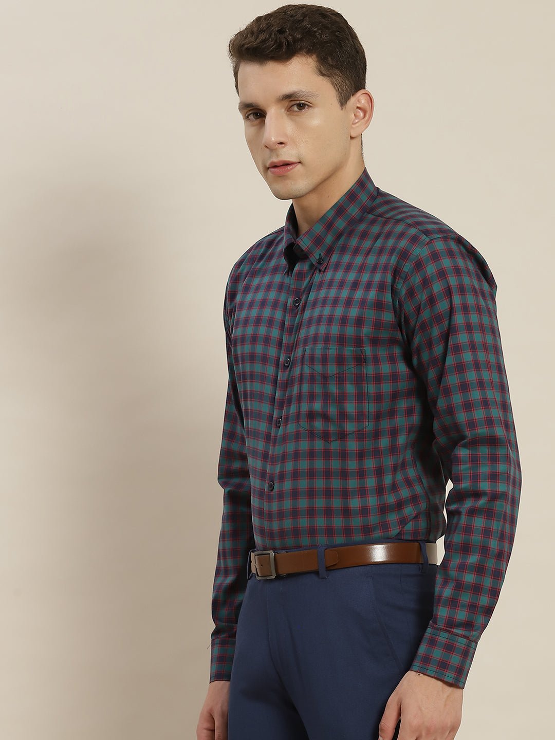Men Navy & Green Checked Pure Cotton Slim Fit Formal Shirt - #folk republic#