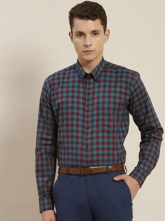 Men Navy & Green Checked Pure Cotton Slim Fit Formal Shirt - #folk republic#