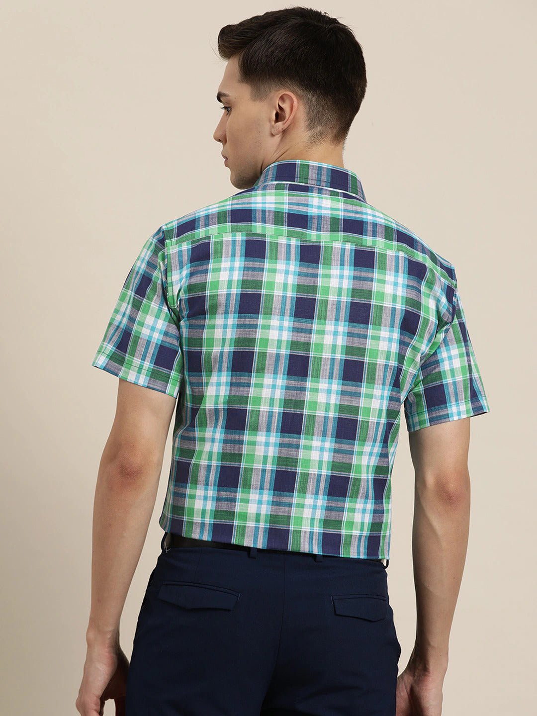 Men Navy & Green Checks Pure Cotton Slim Fit Formal Shirt - #folk republic#