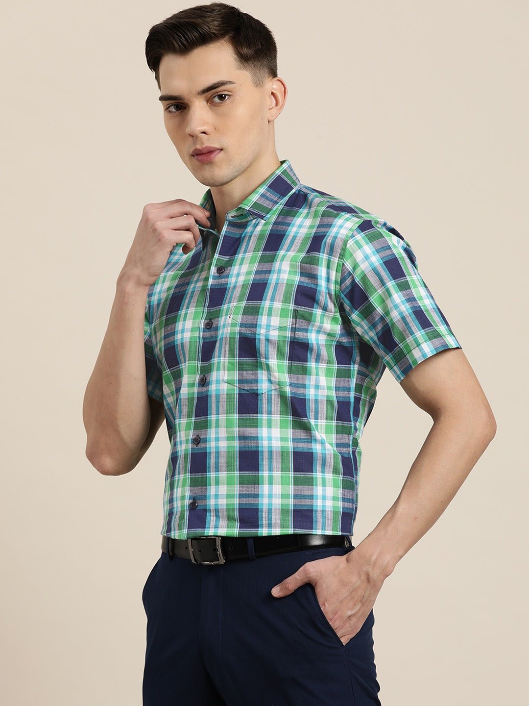 Men Navy & Green Checks Pure Cotton Slim Fit Formal Shirt - #folk republic#