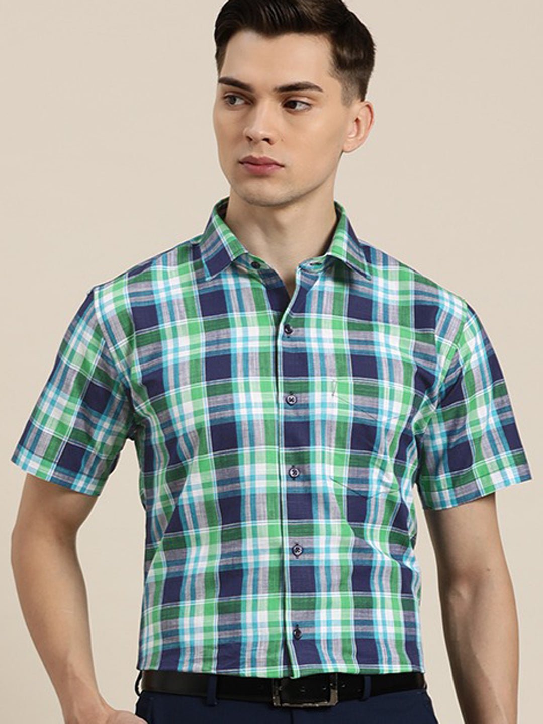 Men Navy & Green Checks Pure Cotton Slim Fit Formal Shirt - #folk republic#