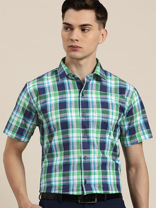 Men Navy & Green Checks Pure Cotton Slim Fit Formal Shirt - #folk republic#