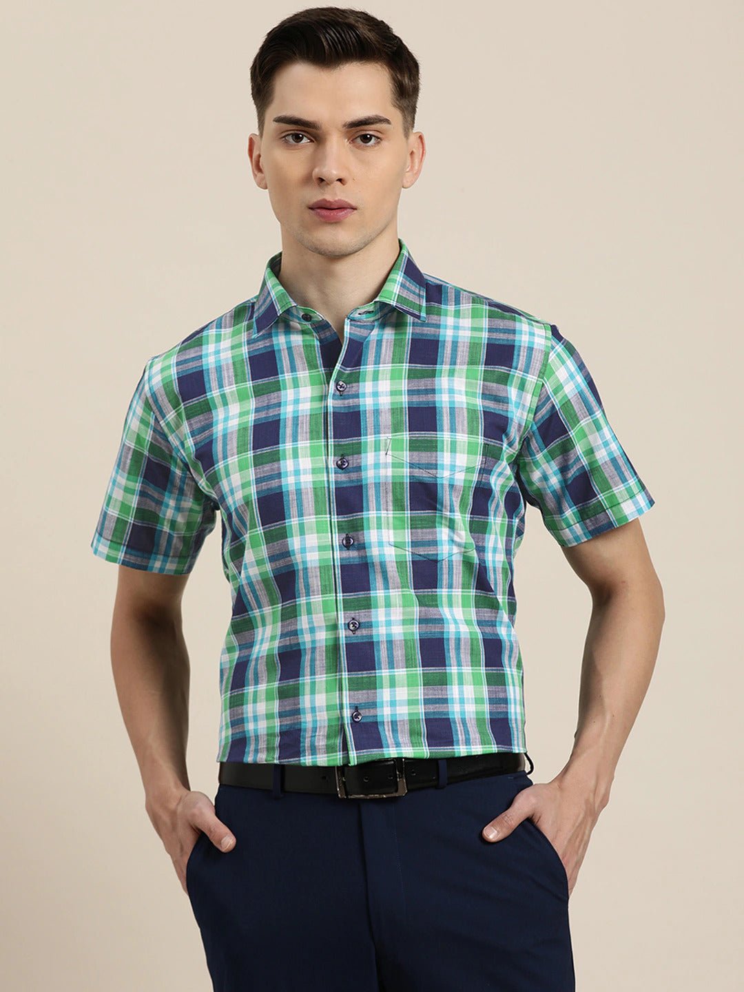 Men Navy & Green Checks Pure Cotton Slim Fit Formal Shirt - #folk republic#
