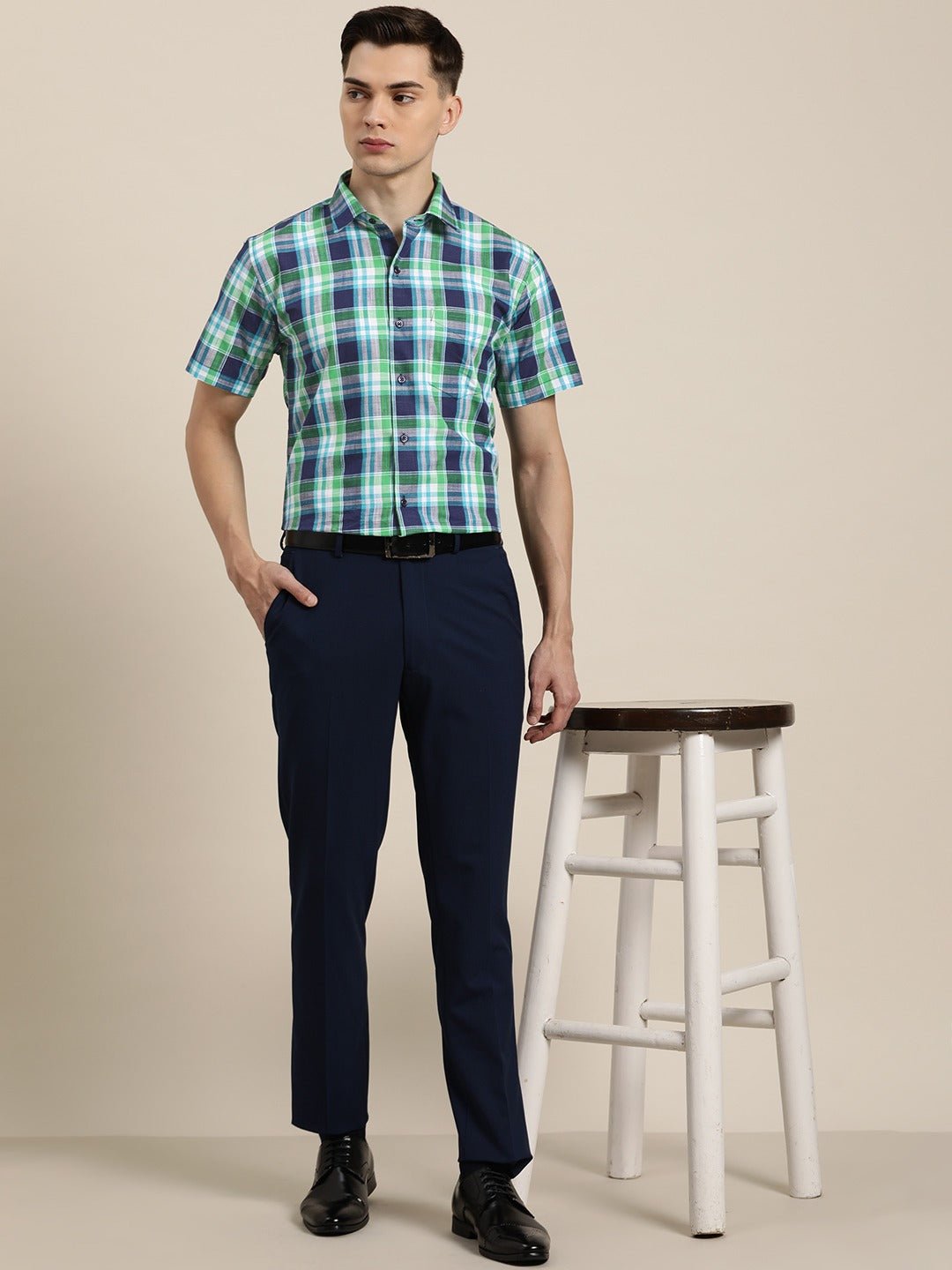 Men Navy & Green Checks Pure Cotton Slim Fit Formal Shirt - #folk republic#
