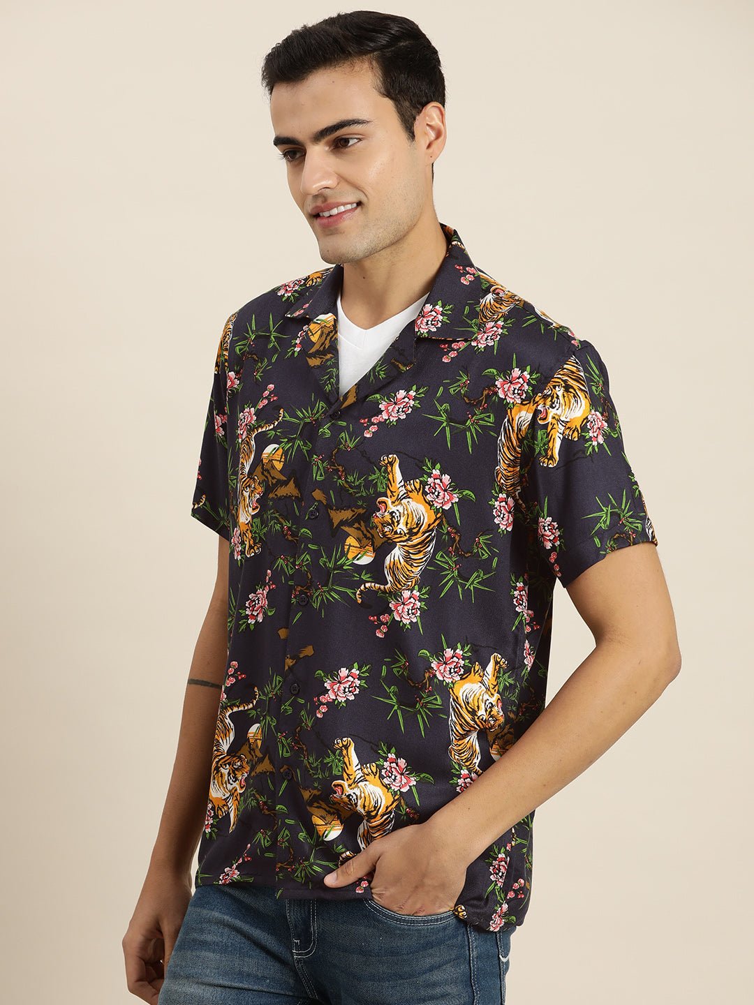 Men Navy & Multi Print Viscose Rayon Relaxed Fit Casual Resort Shirt - #folk republic#