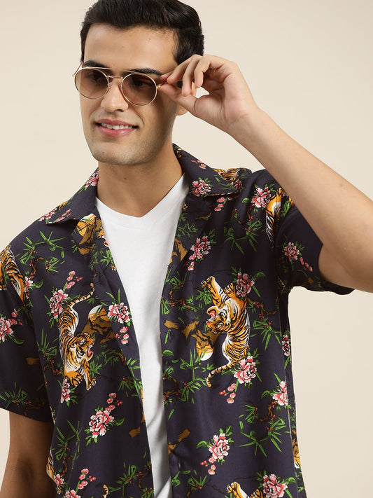 Men Navy & Multi Print Viscose Rayon Relaxed Fit Casual Resort Shirt - #folk republic#