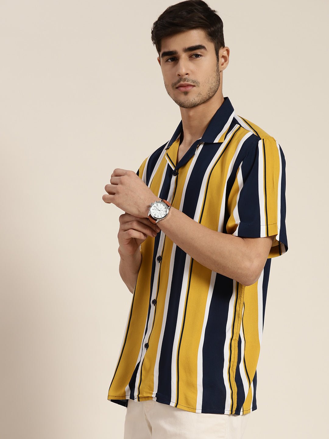 Men Navy & Mustard Striped Viscose Rayon Relaxed Fit Casual Resort Shirt - #folk republic#