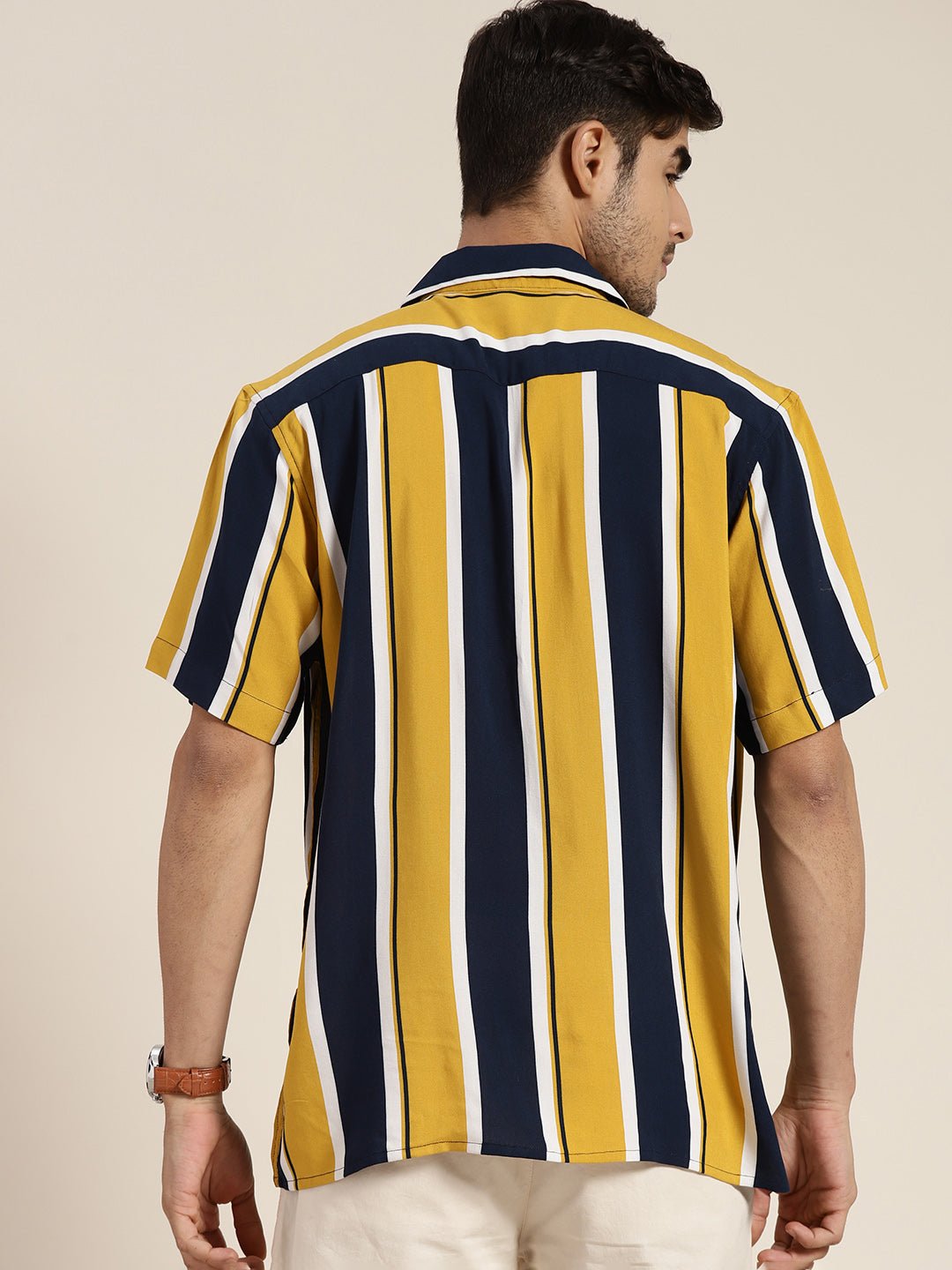 Men Navy & Mustard Striped Viscose Rayon Relaxed Fit Casual Resort Shirt - #folk republic#