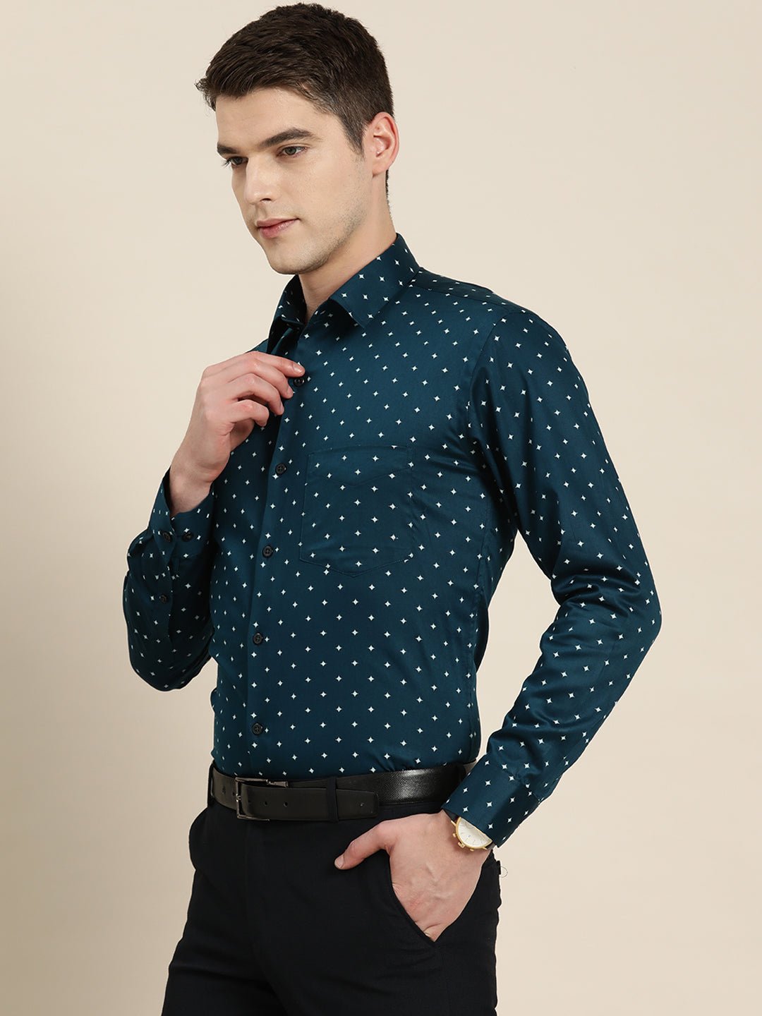 Men Navy Print Pure Cotton Slim fit Formal Shirt - #folk republic#