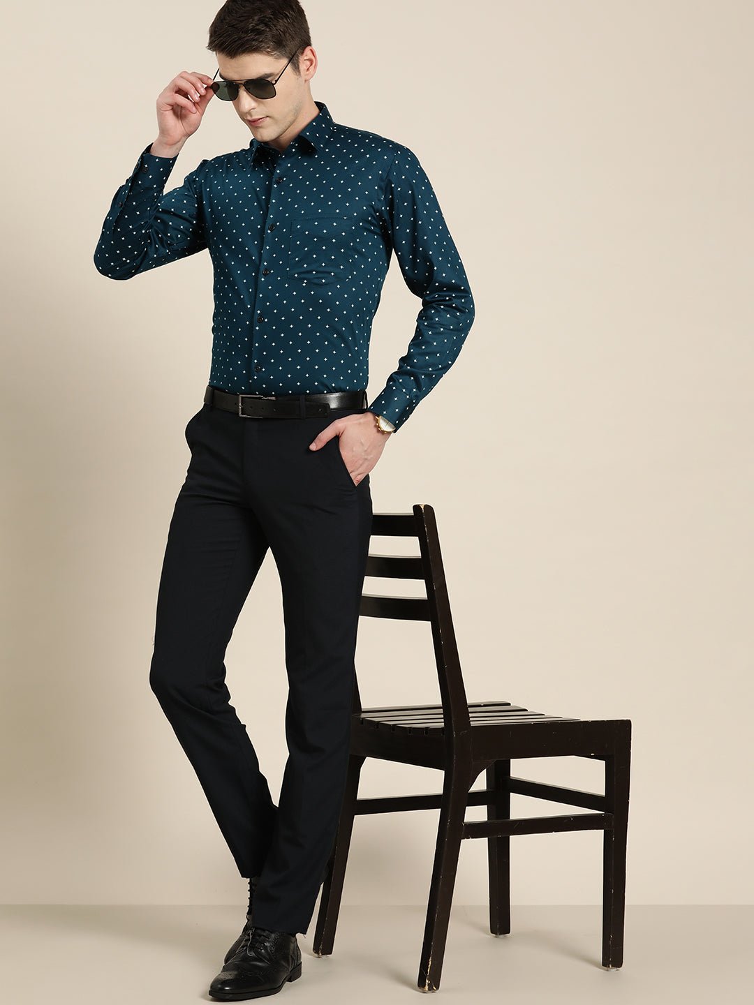 Men Navy Print Pure Cotton Slim fit Formal Shirt - #folk republic#