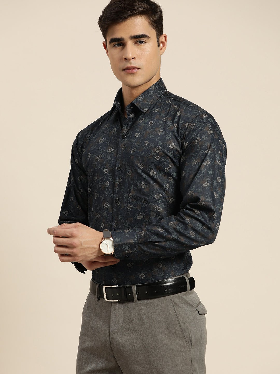 Men Navy Print Pure Cotton Slim fit Party Shirt - #folk republic#