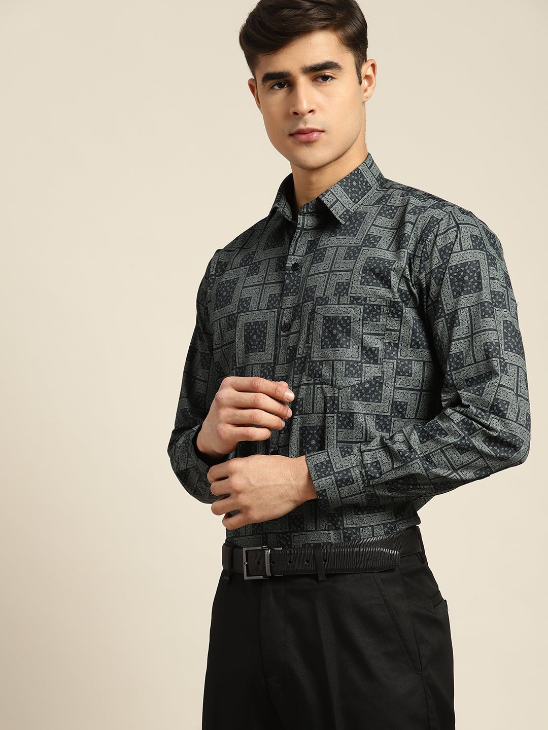 Men Navy Print Pure Cotton Slim fit Party Shirt - #folk republic#