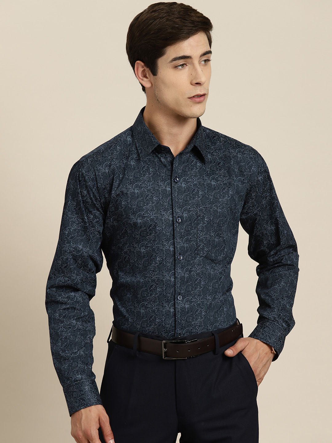 Men Navy Print Pure Cotton Slim fit Party Shirt - #folk republic#