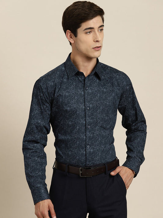 Men Navy Print Pure Cotton Slim fit Party Shirt - #folk republic#