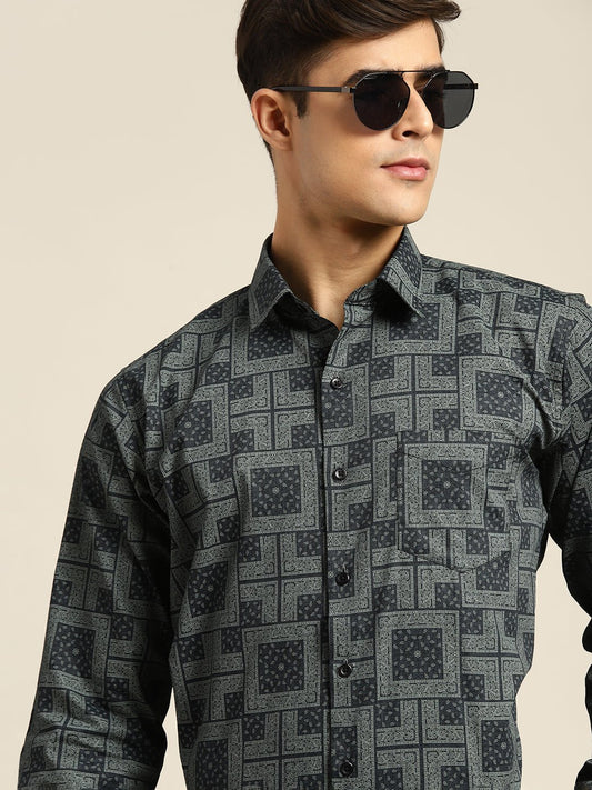 Men Navy Print Pure Cotton Slim fit Party Shirt - #folk republic#