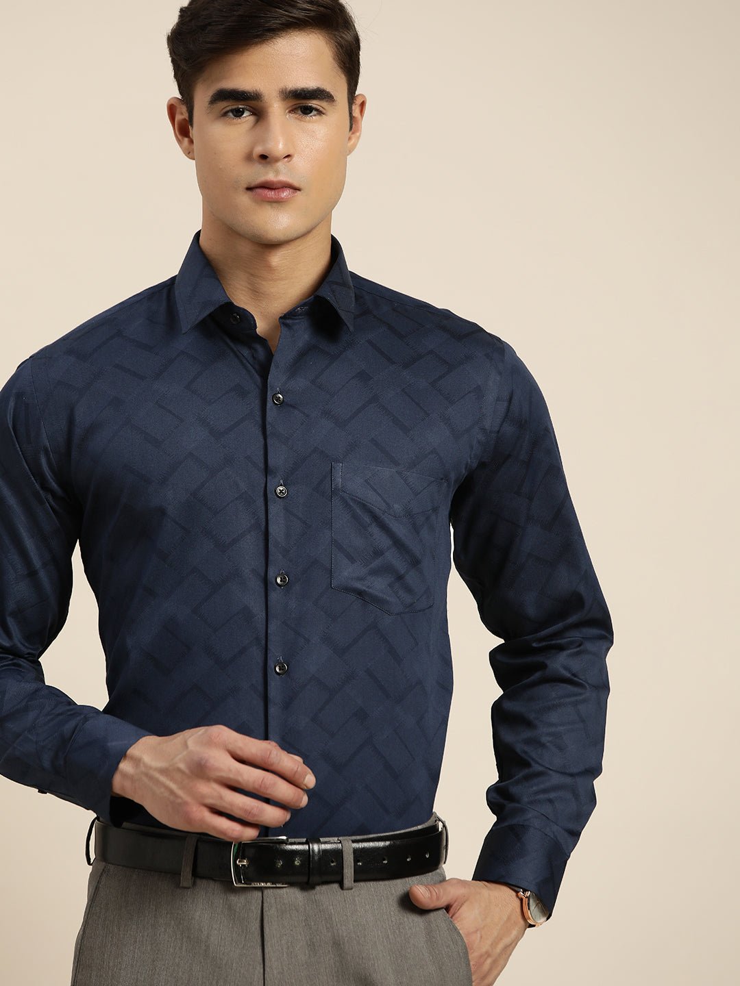 Men Navy Print Pure Cotton Slim fit Party Shirt - #folk republic#