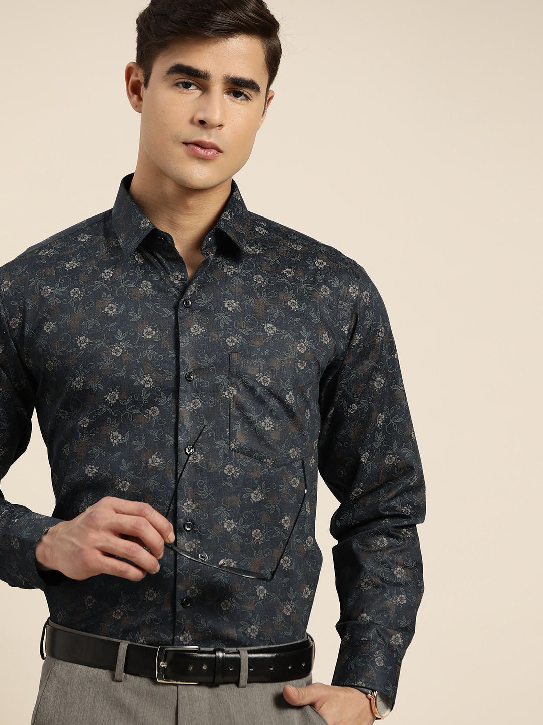 Men Navy Print Pure Cotton Slim fit Party Shirt - #folk republic#