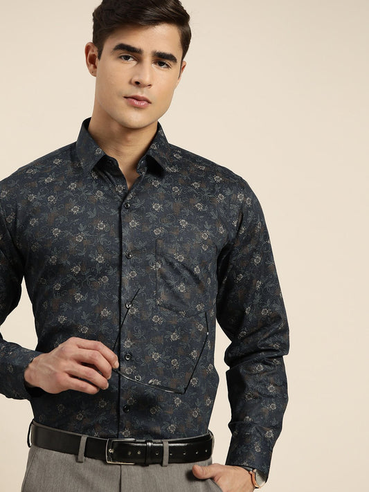 Men Navy Print Pure Cotton Slim fit Party Shirt - #folk republic#