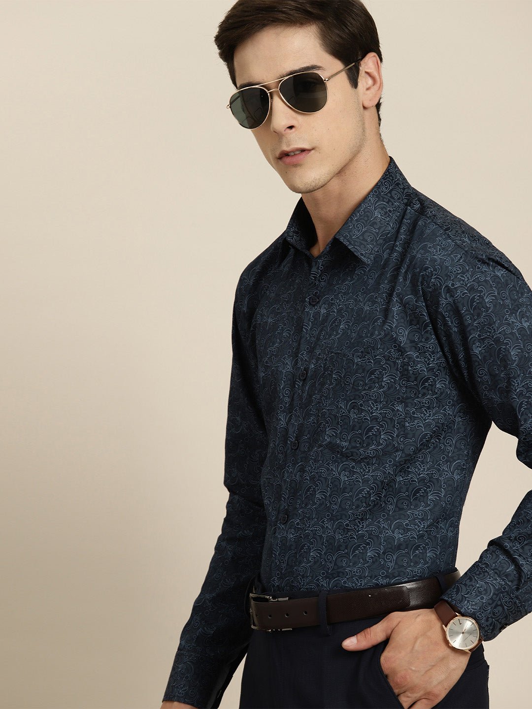 Men Navy Print Pure Cotton Slim fit Party Shirt - #folk republic#