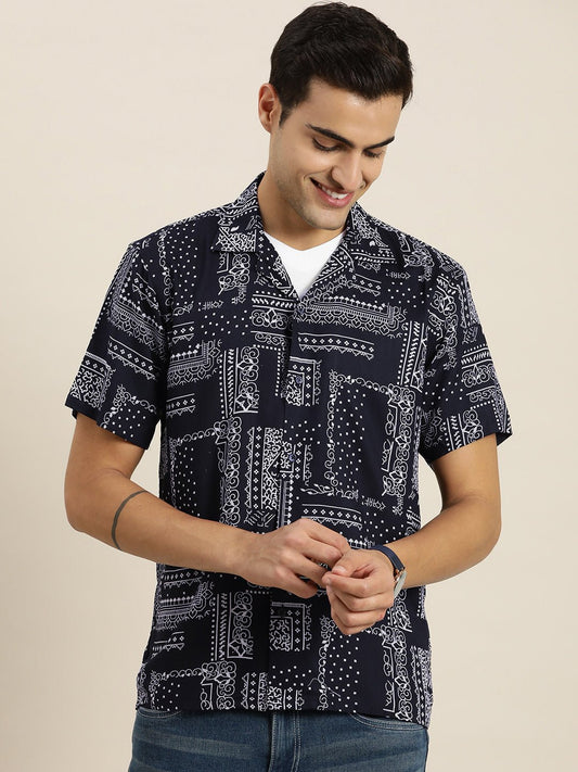 Men Navy Print Viscose Rayon Relaxed Fit Casual Resort Shirt - #folk republic#