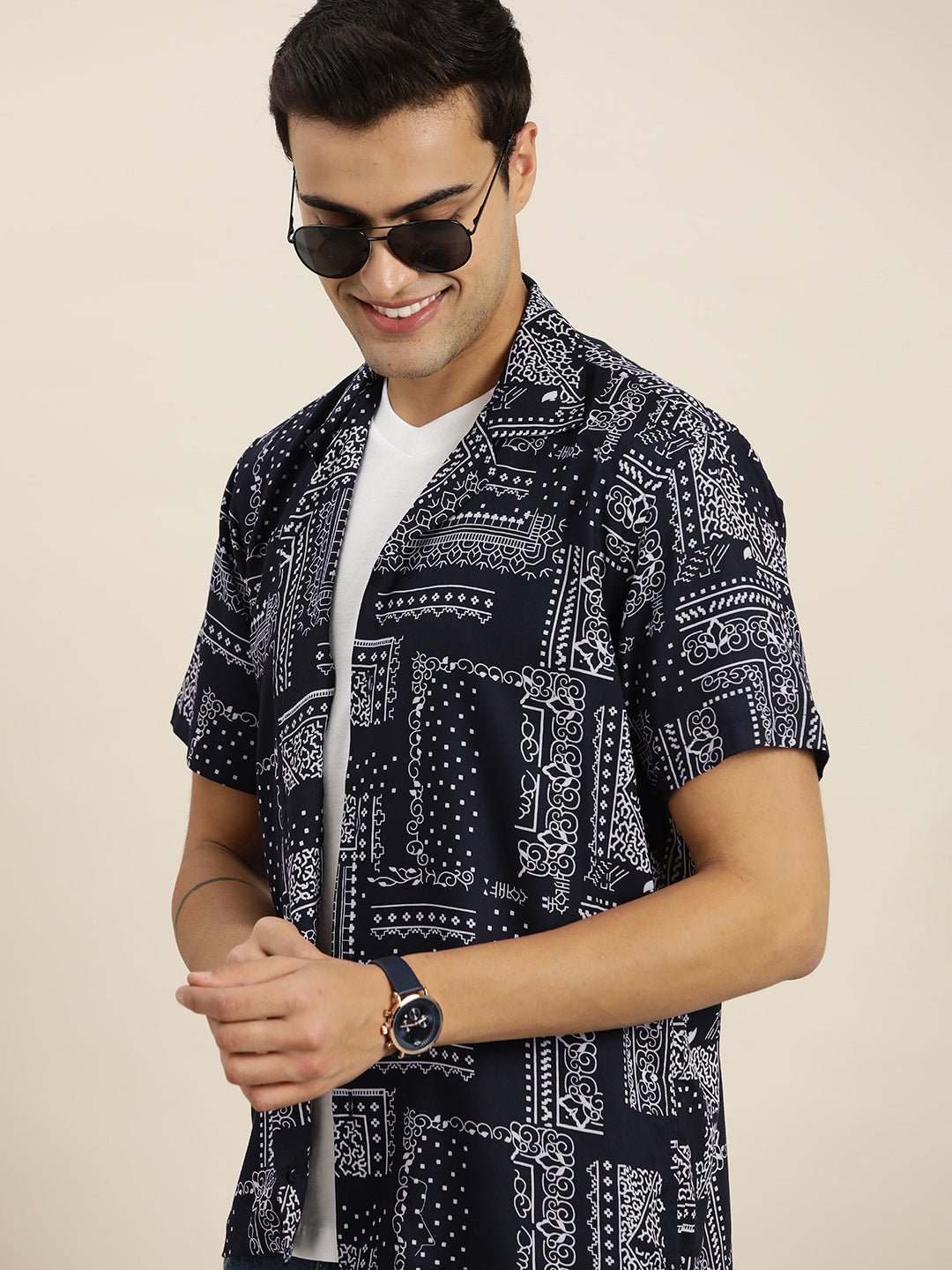 Men Navy Print Viscose Rayon Relaxed Fit Casual Resort Shirt - #folk republic#