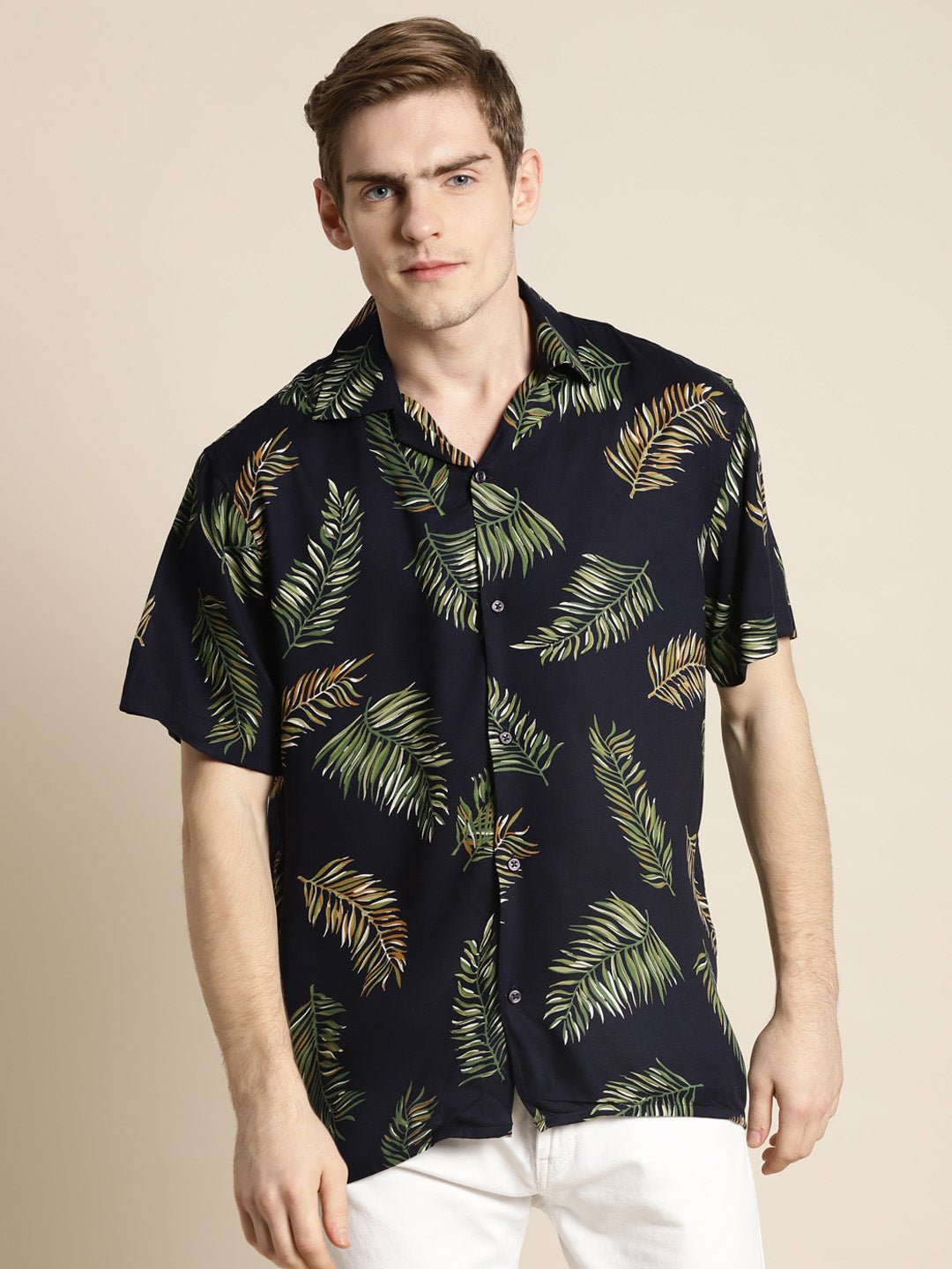 Men Navy Print Viscose Rayon Relaxed Fit Casual Resort Shirt - #folk republic#