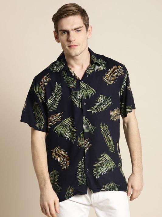 Men Navy Print Viscose Rayon Relaxed Fit Casual Resort Shirt - #folk republic#
