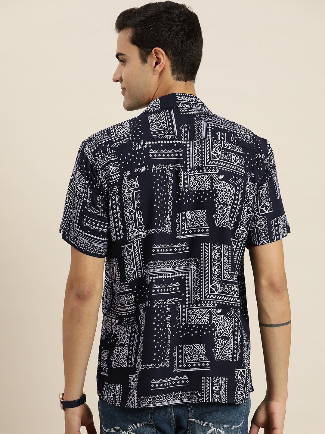 Men Navy Print Viscose Rayon Relaxed Fit Casual Resort Shirt - #folk republic#