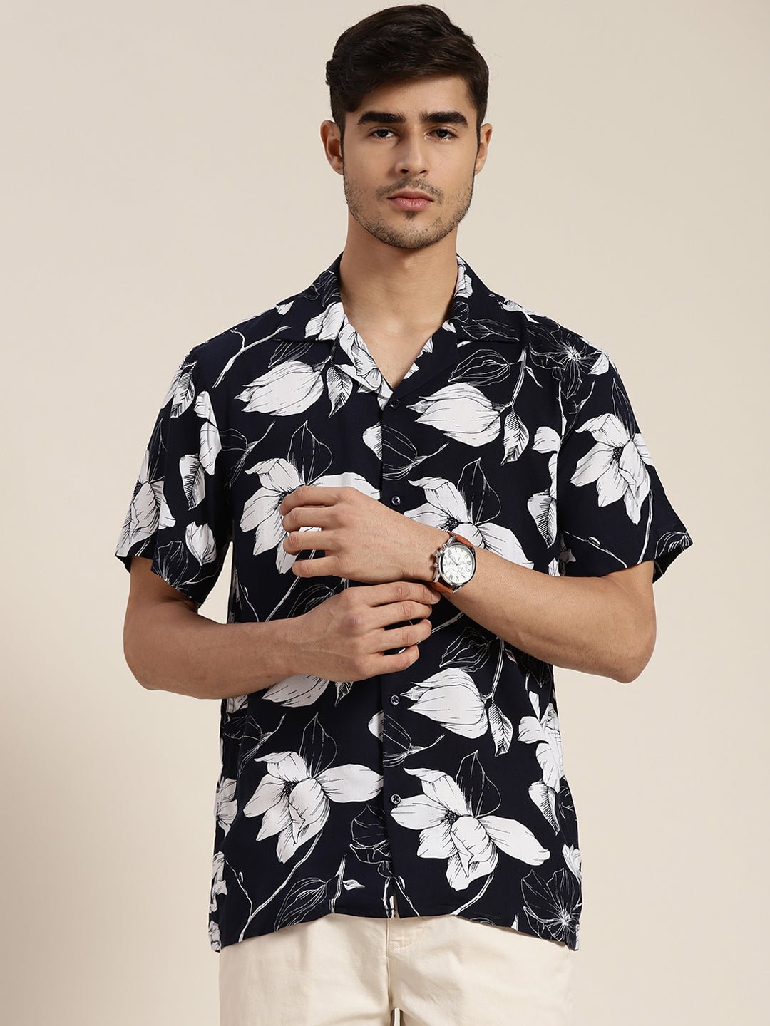 Men Navy Printed Viscose Rayon Relaxed Fit Casual Resort Shirt - #folk republic#