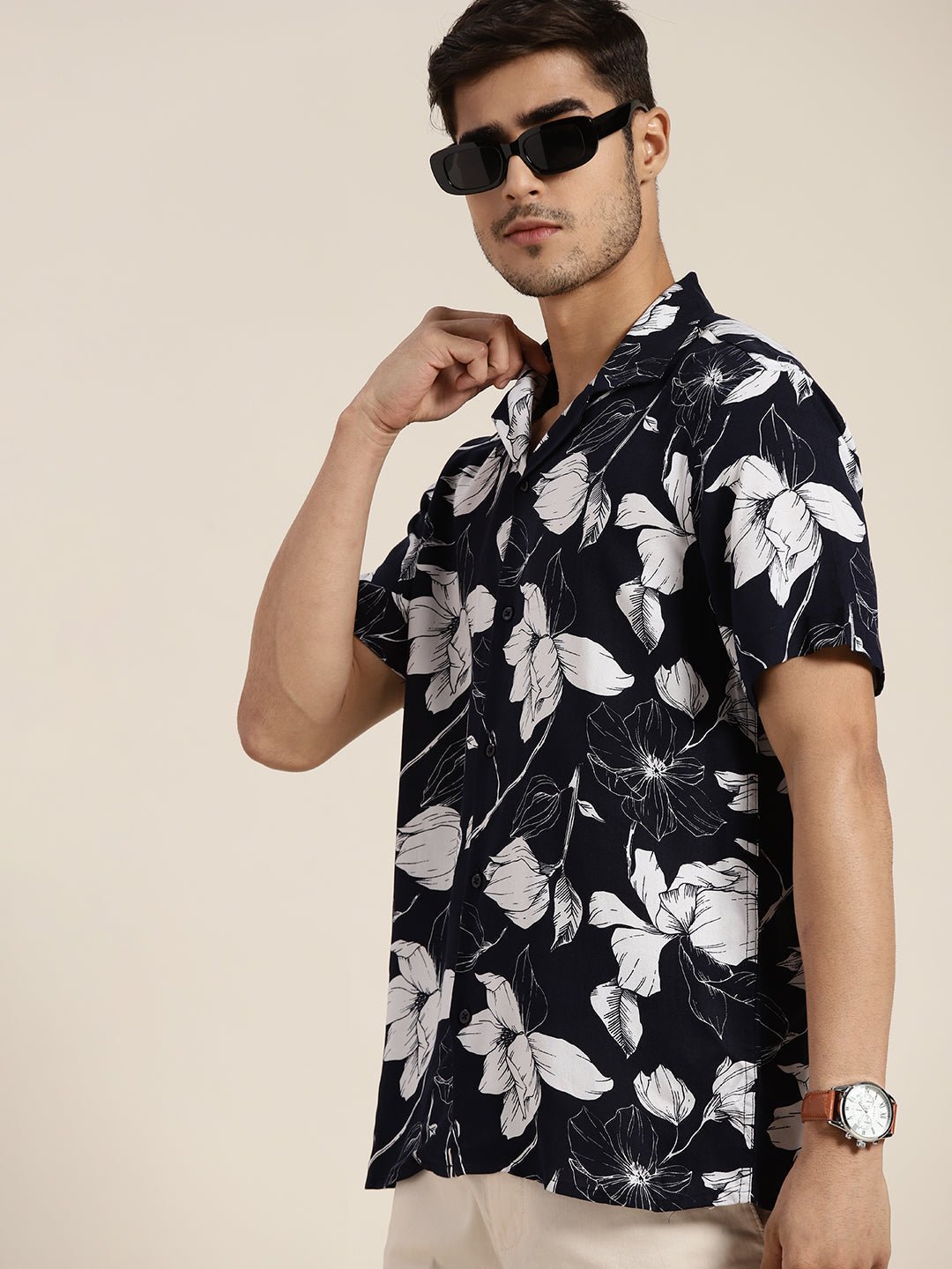 Men Navy Printed Viscose Rayon Relaxed Fit Casual Resort Shirt - #folk republic#