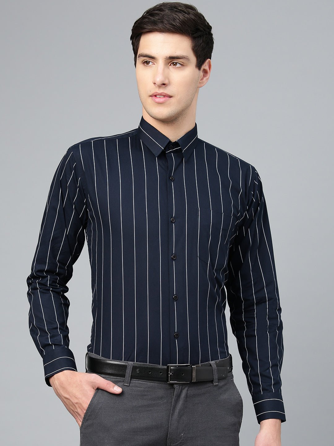 Men Navy Pure Cotton Striped Slim Fit Formal Shirt - #folk republic#